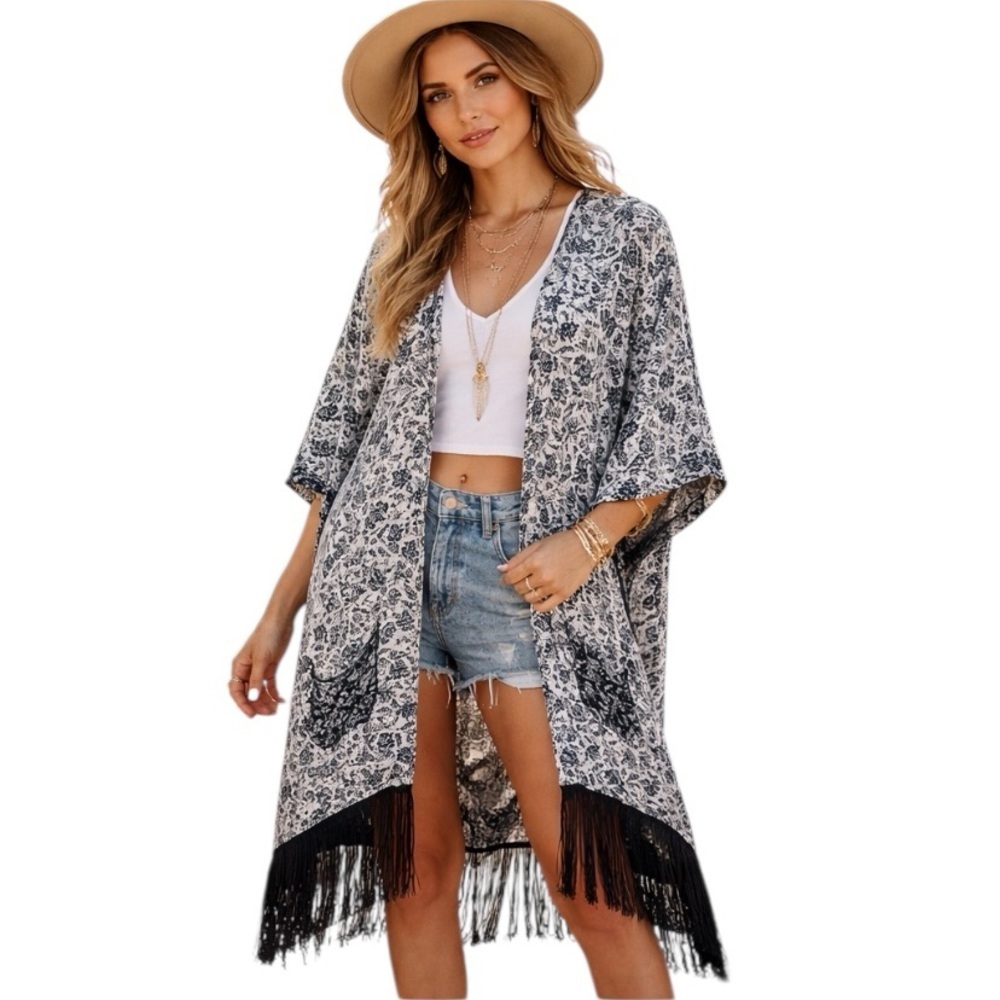 Democracy Blue & White Floral Boho Tassel Fringe Open Front Cape Kimono Size L